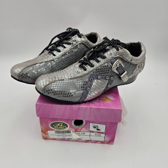 Bolaro Silver Lace-Up Shoes With Rhinestone Buckle Embellishments Sequin Design - Picture 4 of 4